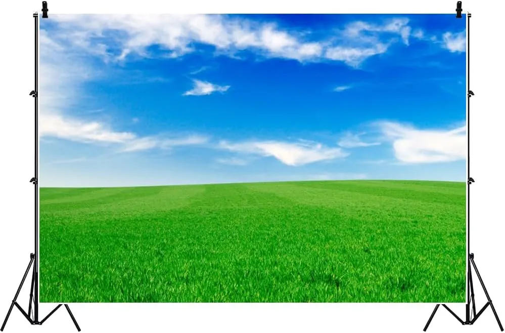 10x10ft Spring Grassland Background for Photography Blue Sky White Clouds Backdrop Grass Field Meadow Nature View Outdoor Activity Kids Western Themed Party Drama Birthday Supplies Studio Prop