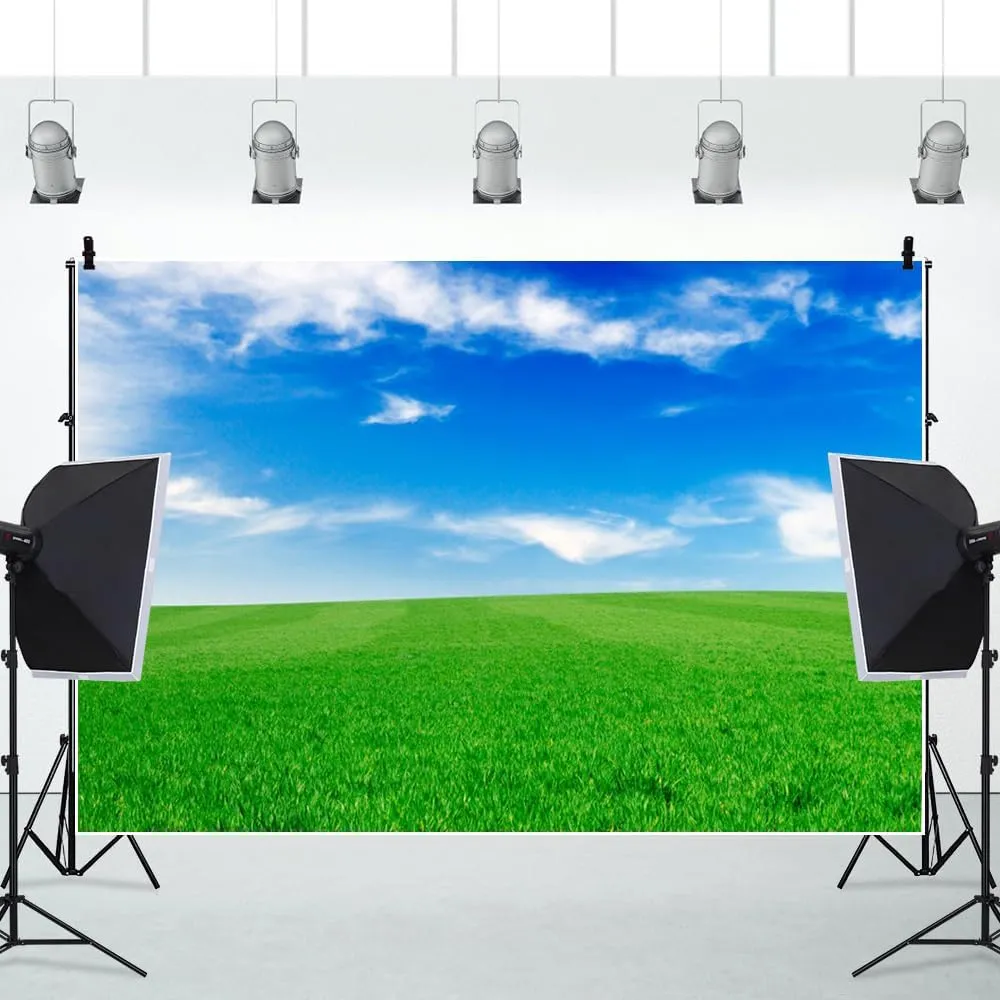 10x10ft Spring Grassland Background for Photography Blue Sky White Clouds Backdrop Grass Field Meadow Nature View Outdoor Activity Kids Western Themed Party Drama Birthday Supplies Studio Prop