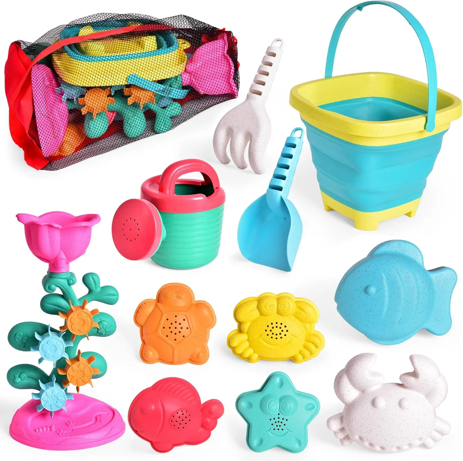 12Pcs Collapsible Beach Toys Set for Kids,Beach Bucket and Shovel Set with Mesh Bag & Sand Molds,Travel Sand Box Toys for Toddlers Ages 1-10