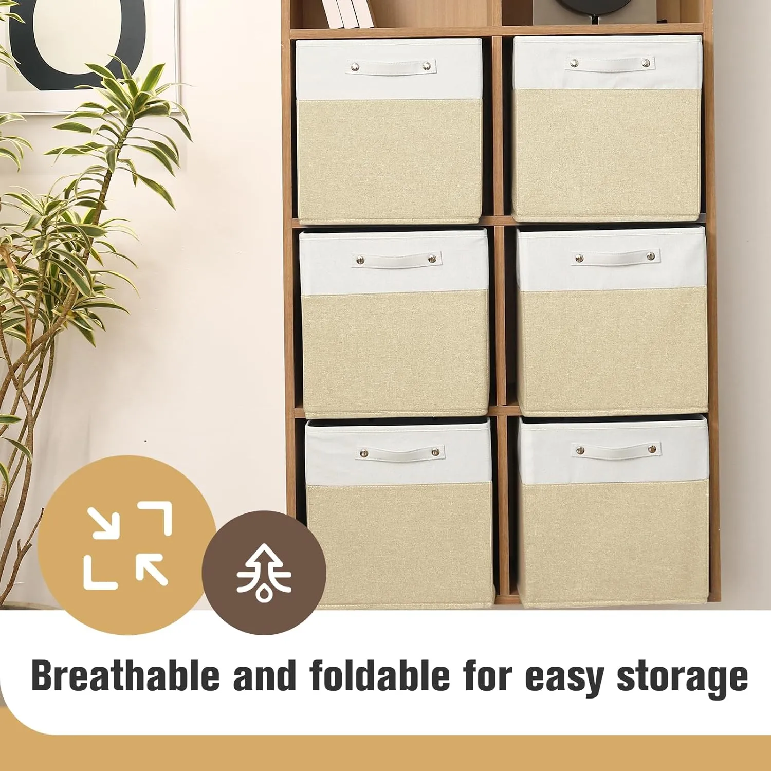 13 x 13 Inch Fine Linen Storage Bins with Handles，Fabric Cube Boxs，Collapsible Basket Organizers for Shelves for Home, Closet Drawers (White/Khaki-6 Pack)
