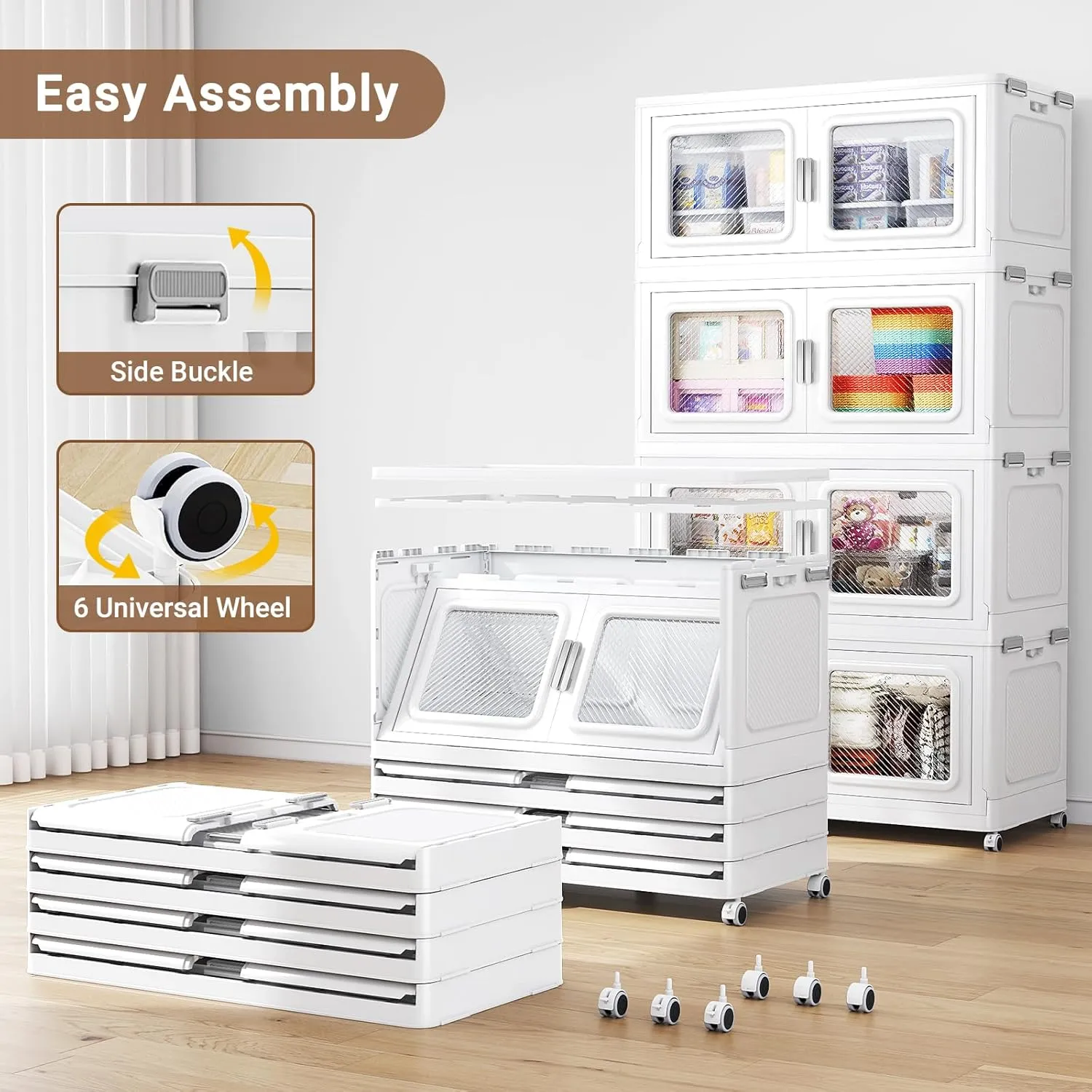 165Gal Extra Large Storage Bins with Lid, 660Qt Plastic Stackable Storage Bins with Wheels, Collapsible Closet Organizer and Storage Drawers, Storage Cabinets for Home, Office, 3 Pack, White