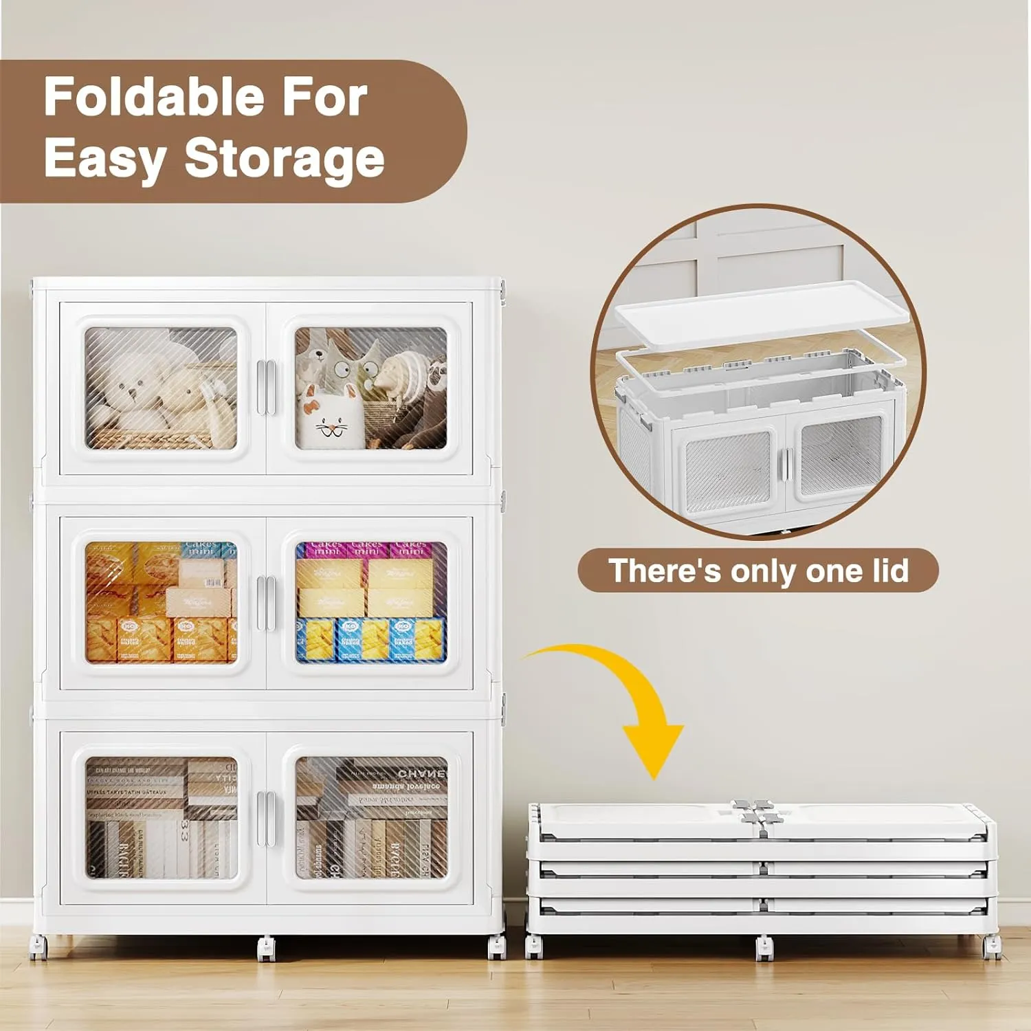165Gal Extra Large Storage Bins with Lid, 660Qt Plastic Stackable Storage Bins with Wheels, Collapsible Closet Organizer and Storage Drawers, Storage Cabinets for Home, Office, 3 Pack, White