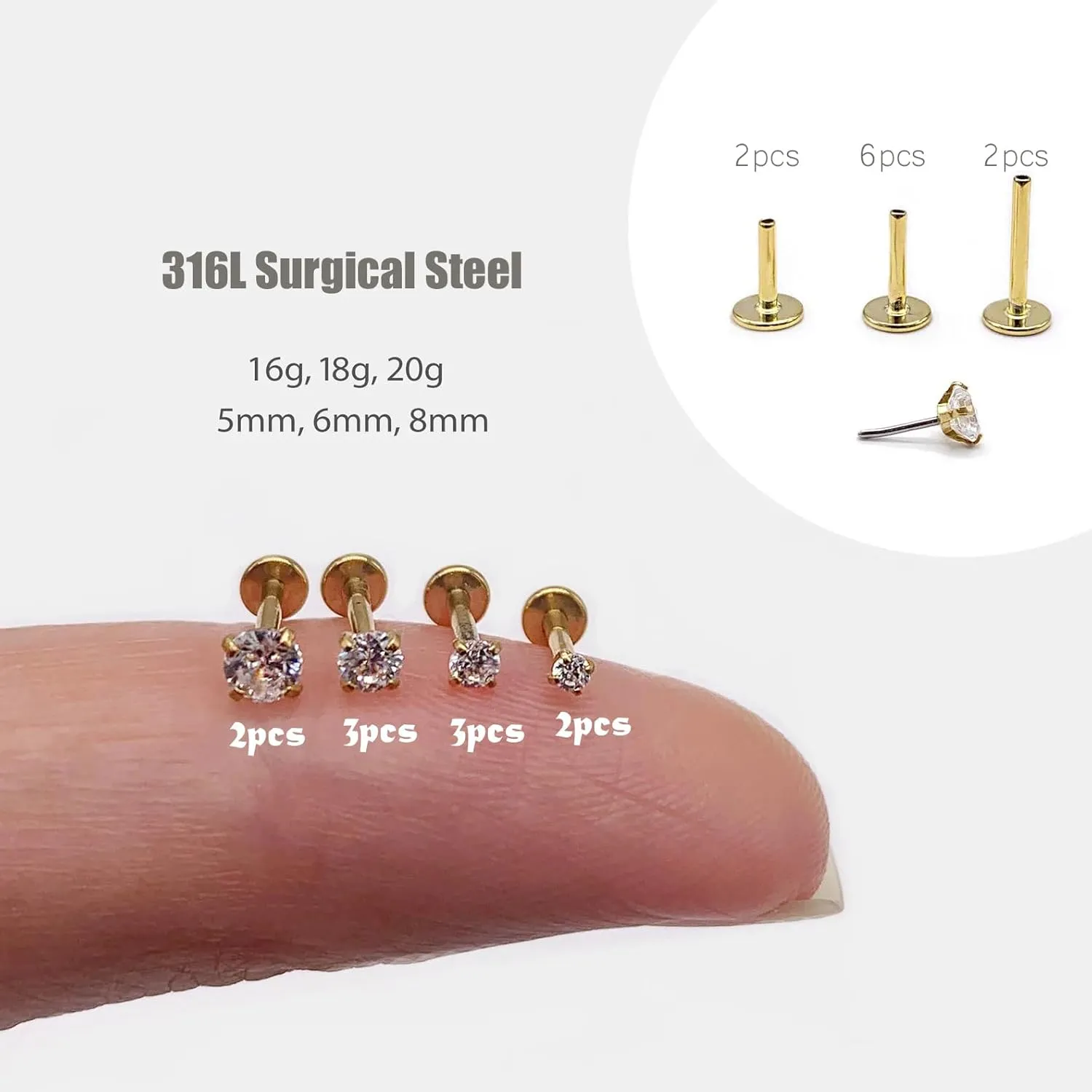 16G/18G/20G Tiny CZ Stud Earrings, Gold Flat Back Earrings, Threadless Cartilage Tragus Piercing Conch Stud Nose Helix Stud