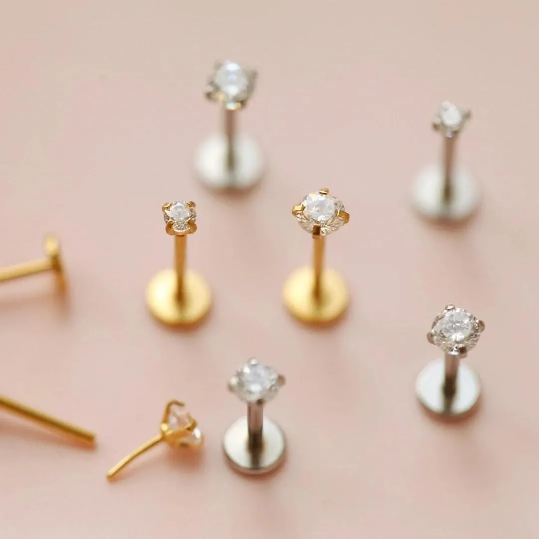 16G/18G/20G Tiny CZ Stud Earrings, Gold Flat Back Earrings, Threadless Cartilage Tragus Piercing Conch Stud Nose Helix Stud