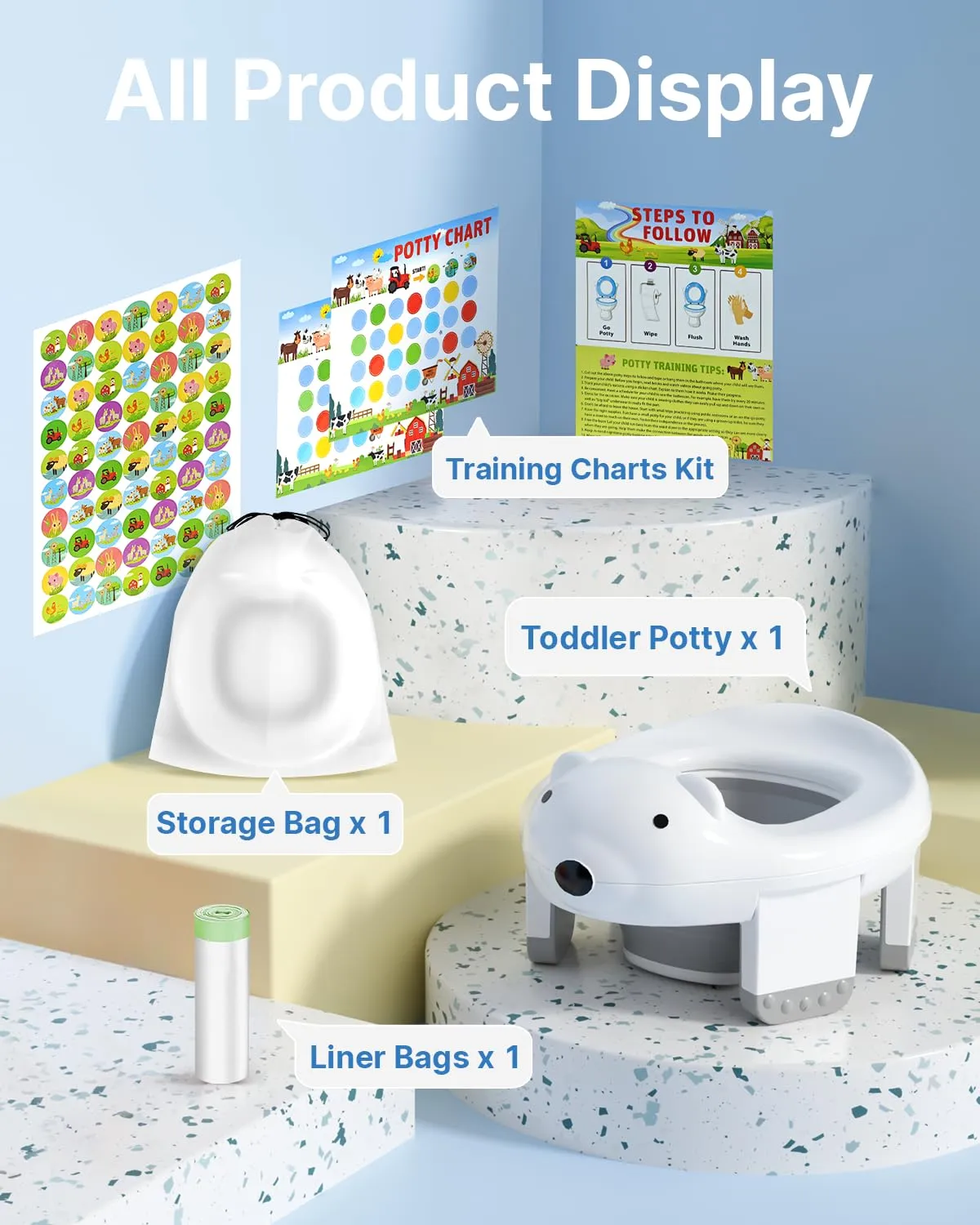 2-in-1 Potty Training Toilet for Toddlers (12 M ) - Portable Travel Potty Seat with Training Charts, Safety Locks (Continuous Improvement) & Polar Bear Design