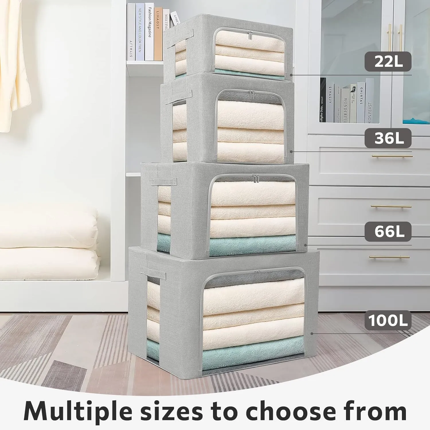 2 Pack Clothes Storage Bins Stackable Metal Frame Storage Box Foldable Linen Fabric Organizer with Carrying Handles and Clear Window (Light Gray, 15.7x 11.8x 7.8Inch)