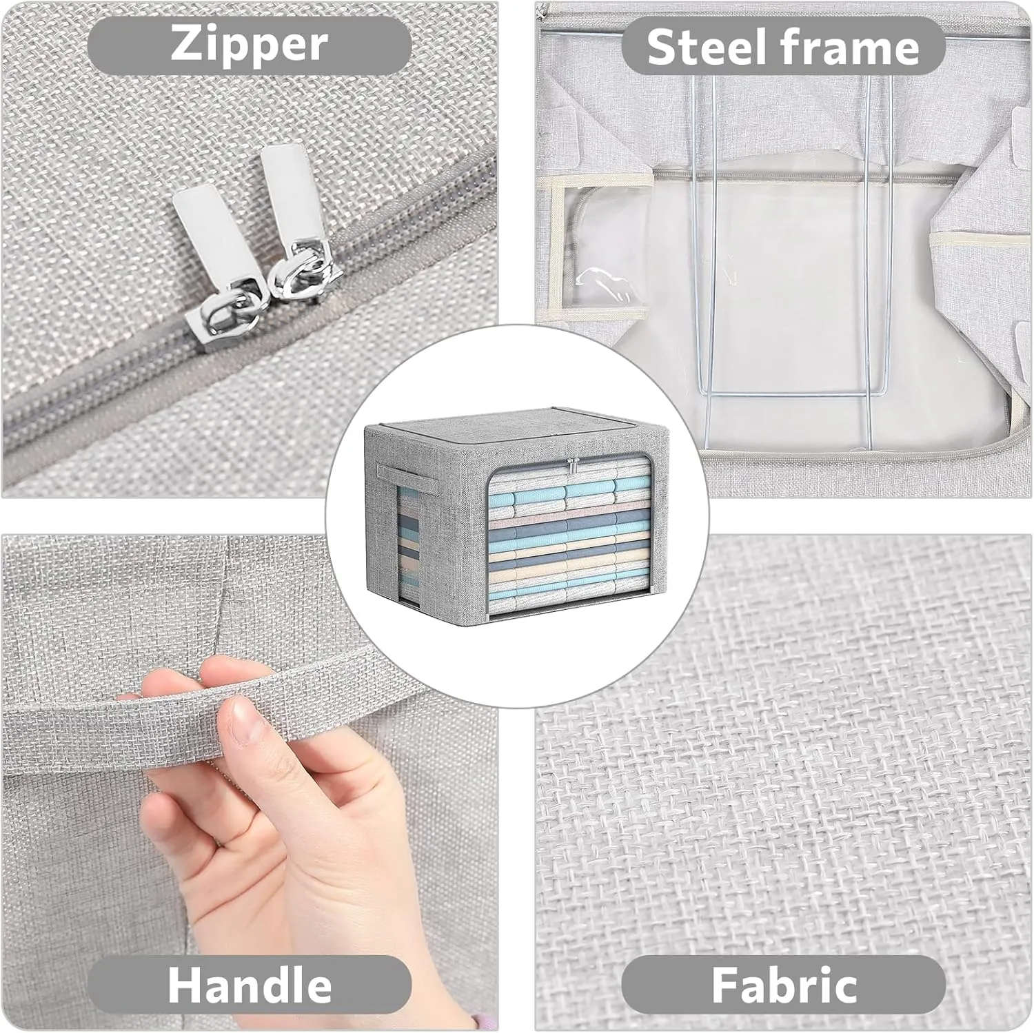 2 Pack Clothes Storage Bins Stackable Metal Frame Storage Box Foldable Linen Fabric Organizer with Carrying Handles and Clear Window (Light Gray, 15.7x 11.8x 7.8Inch)