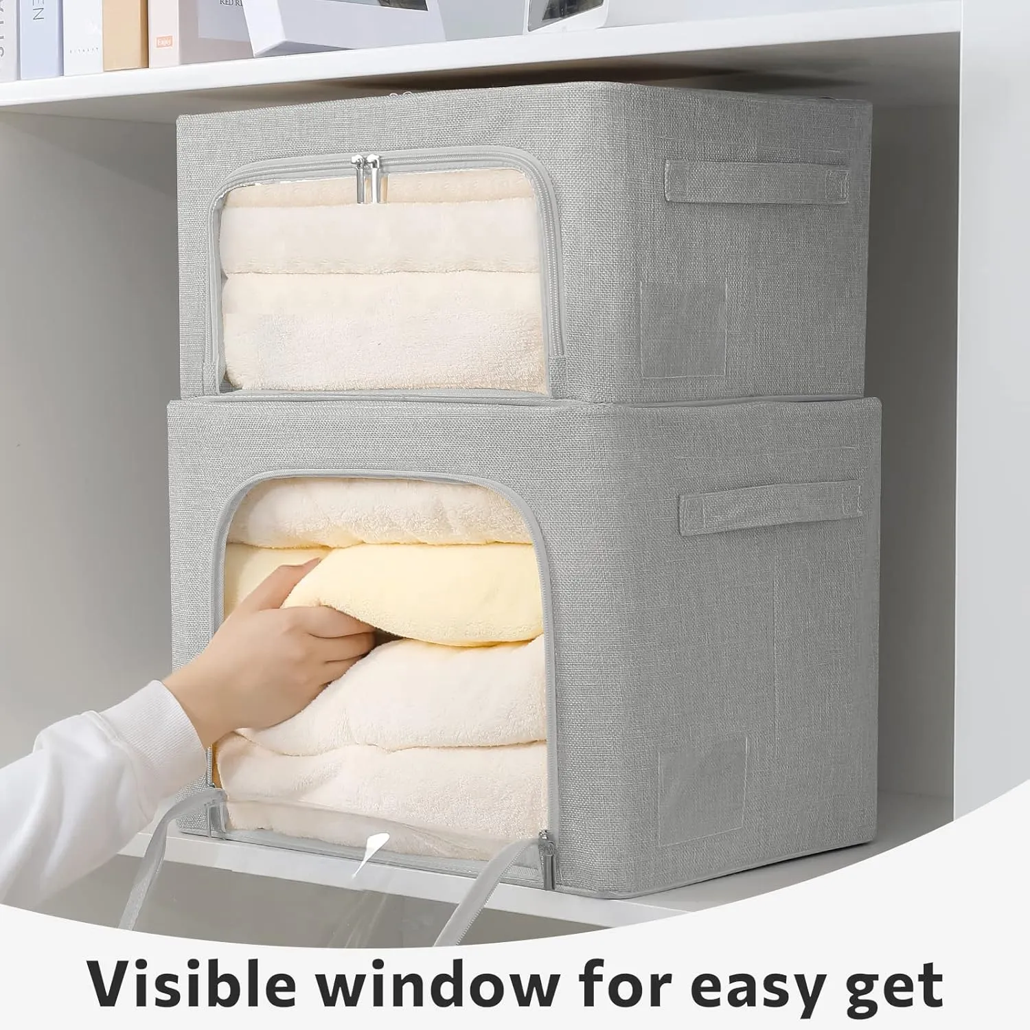 2 Pack Clothes Storage Bins Stackable Metal Frame Storage Box Foldable Linen Fabric Organizer with Carrying Handles and Clear Window (Light Gray, 15.7x 11.8x 7.8Inch)