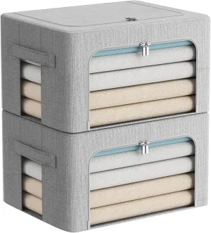 2 Pack Clothes Storage Bins Stackable Metal Frame Storage Box Foldable Linen Fabric Organizer with Carrying Handles and Clear Window (Light Gray, 15.7x 11.8x 7.8Inch)