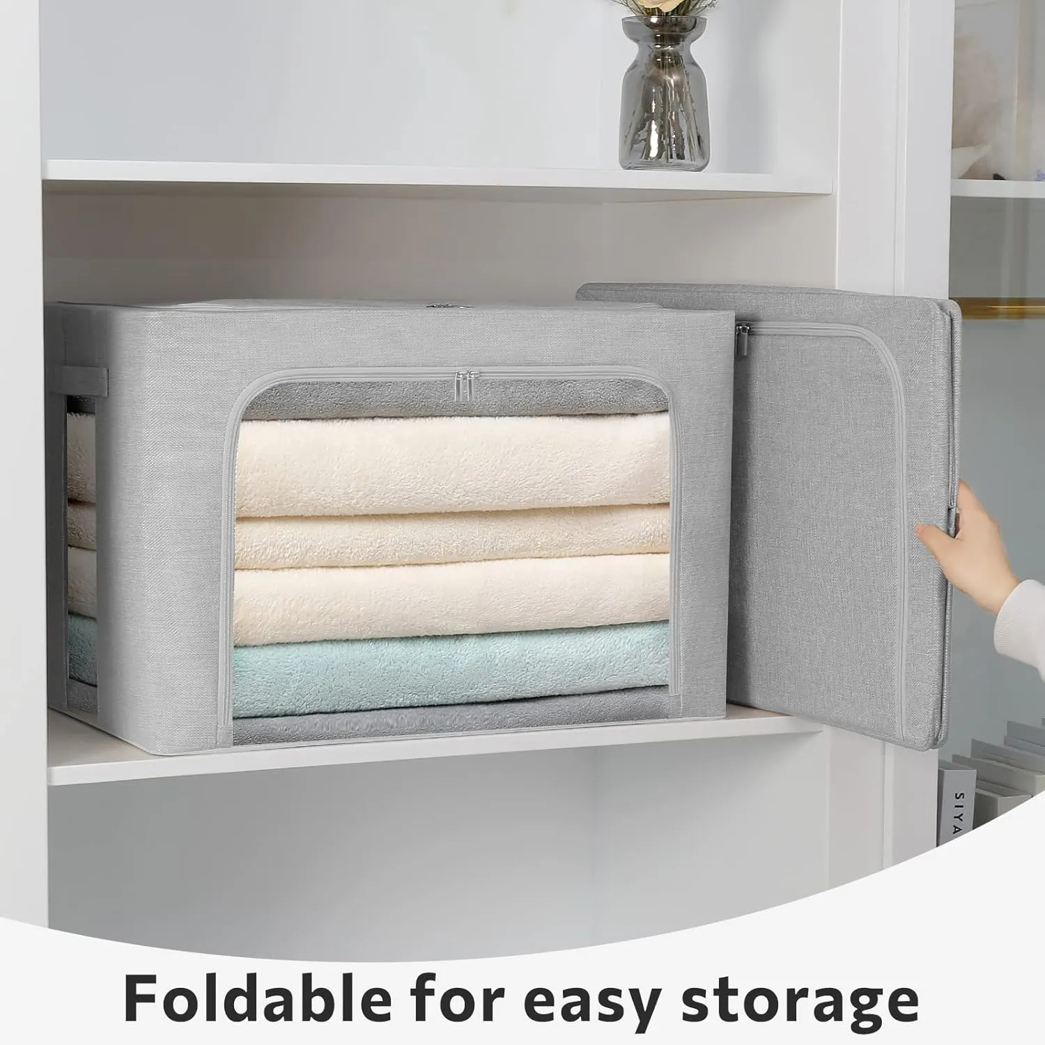 2 Pack Clothes Storage Bins Stackable Metal Frame Storage Box Foldable Linen Fabric Organizer with Carrying Handles and Clear Window (Light Gray, 15.7x 11.8x 7.8Inch)