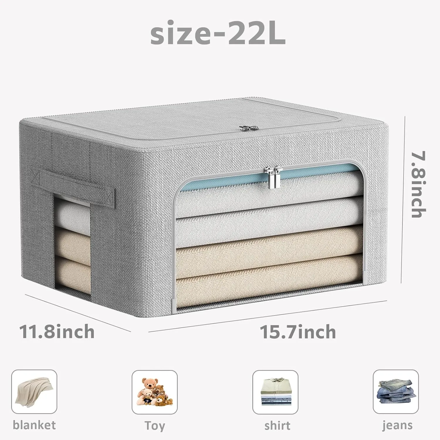 2 Pack Clothes Storage Bins Stackable Metal Frame Storage Box Foldable Linen Fabric Organizer with Carrying Handles and Clear Window (Light Gray, 15.7x 11.8x 7.8Inch)