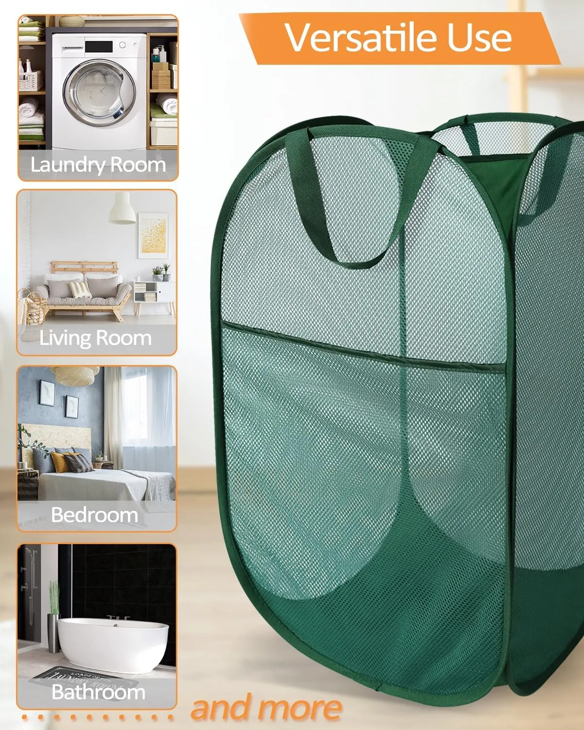 2 Pack Durable Collapsible Laundry Baskets - Reinforced Mesh Pop Up Laundry Hamper with Pocket, Foldable Dirty Clothes Hamper with Carry Handles for Laundry, Bathroom, Kids Room, Dorm or Travel Green