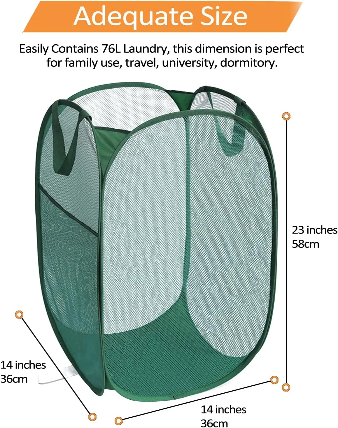 2 Pack Durable Collapsible Laundry Baskets - Reinforced Mesh Pop Up Laundry Hamper with Pocket, Foldable Dirty Clothes Hamper with Carry Handles for Laundry, Bathroom, Kids Room, Dorm or Travel Green