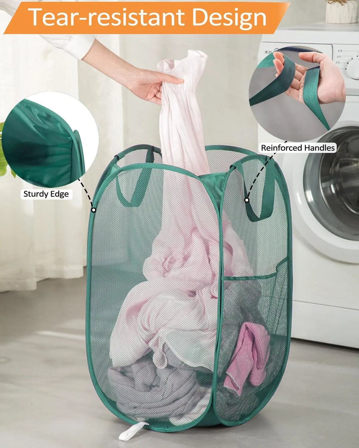 2 Pack Durable Collapsible Laundry Baskets - Reinforced Mesh Pop Up Laundry Hamper with Pocket, Foldable Dirty Clothes Hamper with Carry Handles for Laundry, Bathroom, Kids Room, Dorm or Travel Green