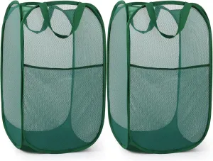 2 Pack Durable Collapsible Laundry Baskets - Reinforced Mesh Pop Up Laundry Hamper with Pocket, Foldable Dirty Clothes Hamper with Carry Handles for Laundry, Bathroom, Kids Room, Dorm or Travel Green