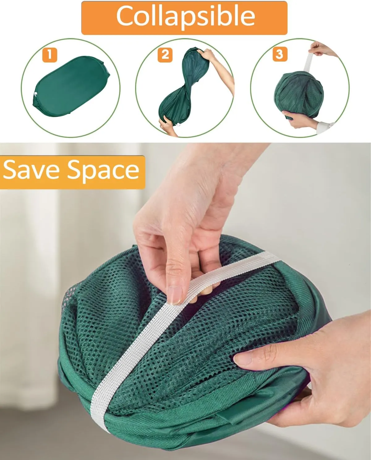 2 Pack Durable Collapsible Laundry Baskets - Reinforced Mesh Pop Up Laundry Hamper with Pocket, Foldable Dirty Clothes Hamper with Carry Handles for Laundry, Bathroom, Kids Room, Dorm or Travel Green
