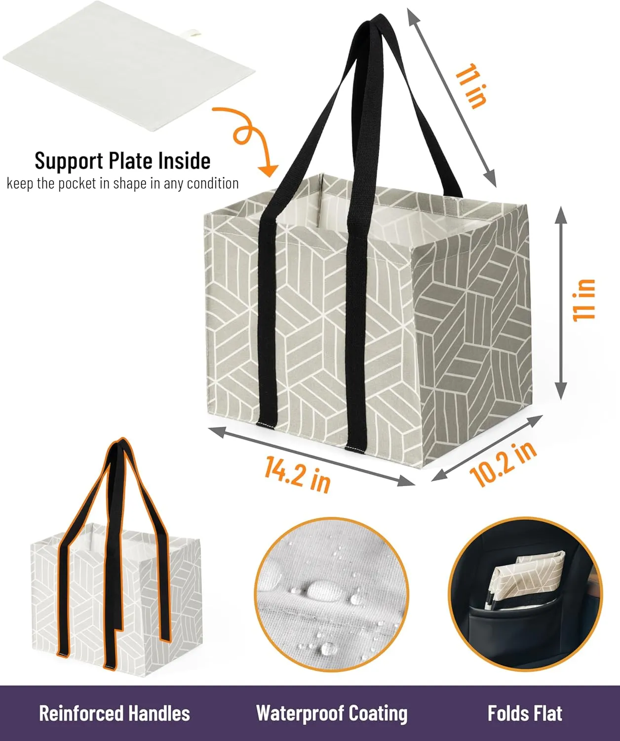 2 Pack Reusable Grocery Bags, Foldable Shopping Basket, Daily Utility Storage, Reinforced Bottom Handles Waterproof, Grey
