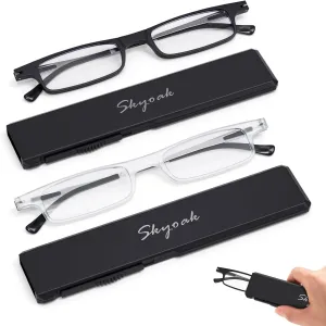 2 Pack Ultra thin Lightweight Folding Reading Glasses Women Men TR90 Blue Light Blocking Anti UV/Eyestrain Foldable Compact Computer Readers Portable Unique Stretchable Slim Flat Case Black/Clear  1.0