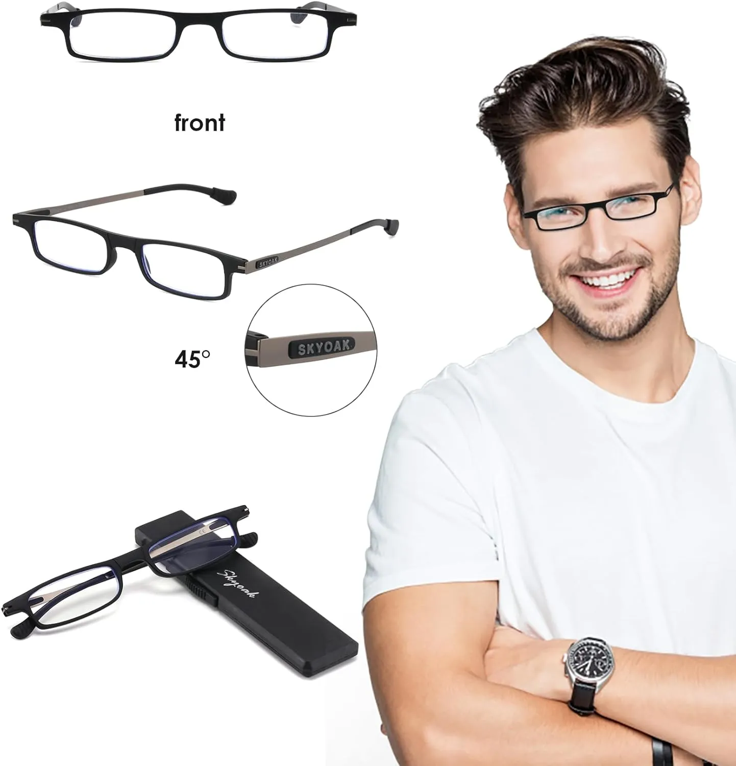 2 Pack Ultra thin Lightweight Folding Reading Glasses Women Men TR90 Blue Light Blocking Anti UV/Eyestrain Foldable Compact Computer Readers Portable Unique Stretchable Slim Flat Case Black/Clear  1.0