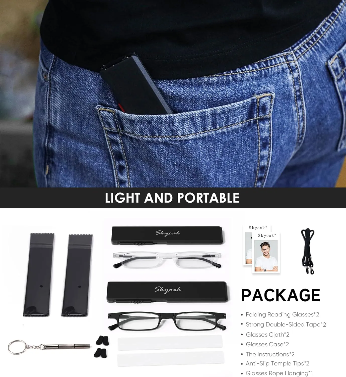2 Pack Ultra thin Lightweight Folding Reading Glasses Women Men TR90 Blue Light Blocking Anti UV/Eyestrain Foldable Compact Computer Readers Portable Unique Stretchable Slim Flat Case Black/Clear  1.0
