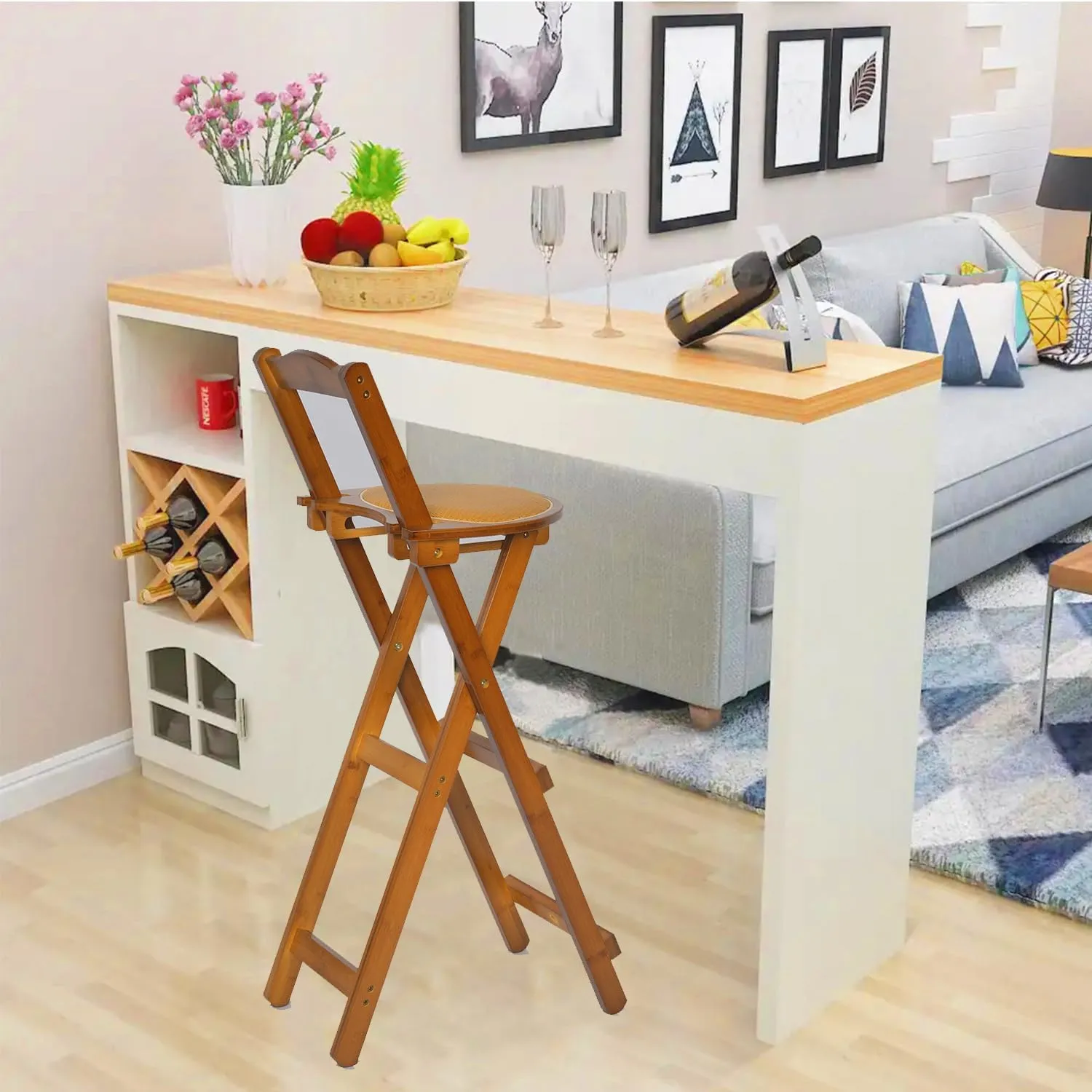 29.5inch Folding Bar Stool Kitchen Counter Height Stool Foldable Bamboo Bar Stool with Backrest Portable Wooden Tall Bar Stools Folding Chair for Home Kitchen Breakfast 1Pcs