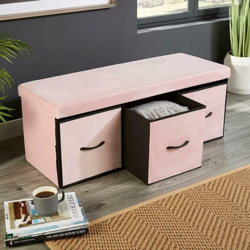 3 Drawer Pink Velvet Storage Bench