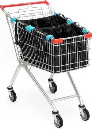 3-Pack Reusable Shopping Bags – Grocery Organizers with Universal Cart Clips, Pockets, and Foldable- Patent Blk