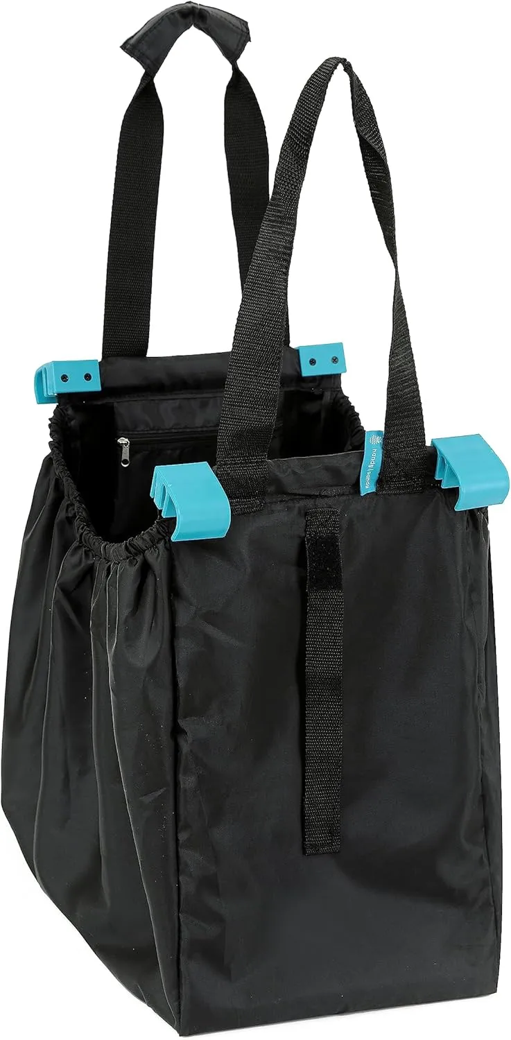 3-Pack Reusable Shopping Bags – Grocery Organizers with Universal Cart Clips, Pockets, and Foldable- Patent Blk