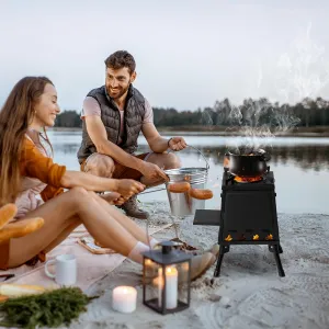 36 * 36 * 46.5cm Wood Burning Camp Stove, Portable Cast Iron Camping Wood Stove, Black Woodstove with Carrying Case for Backpacking Outdoor Cooking, Large