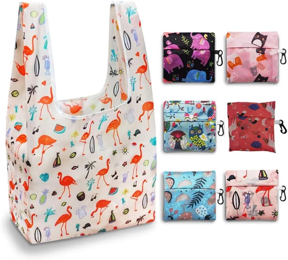 6 Pack Reusable Grocery Bags Set, Durable and Lightweight Foldable Grocery Bags, Washable Polyester Shopping Bags