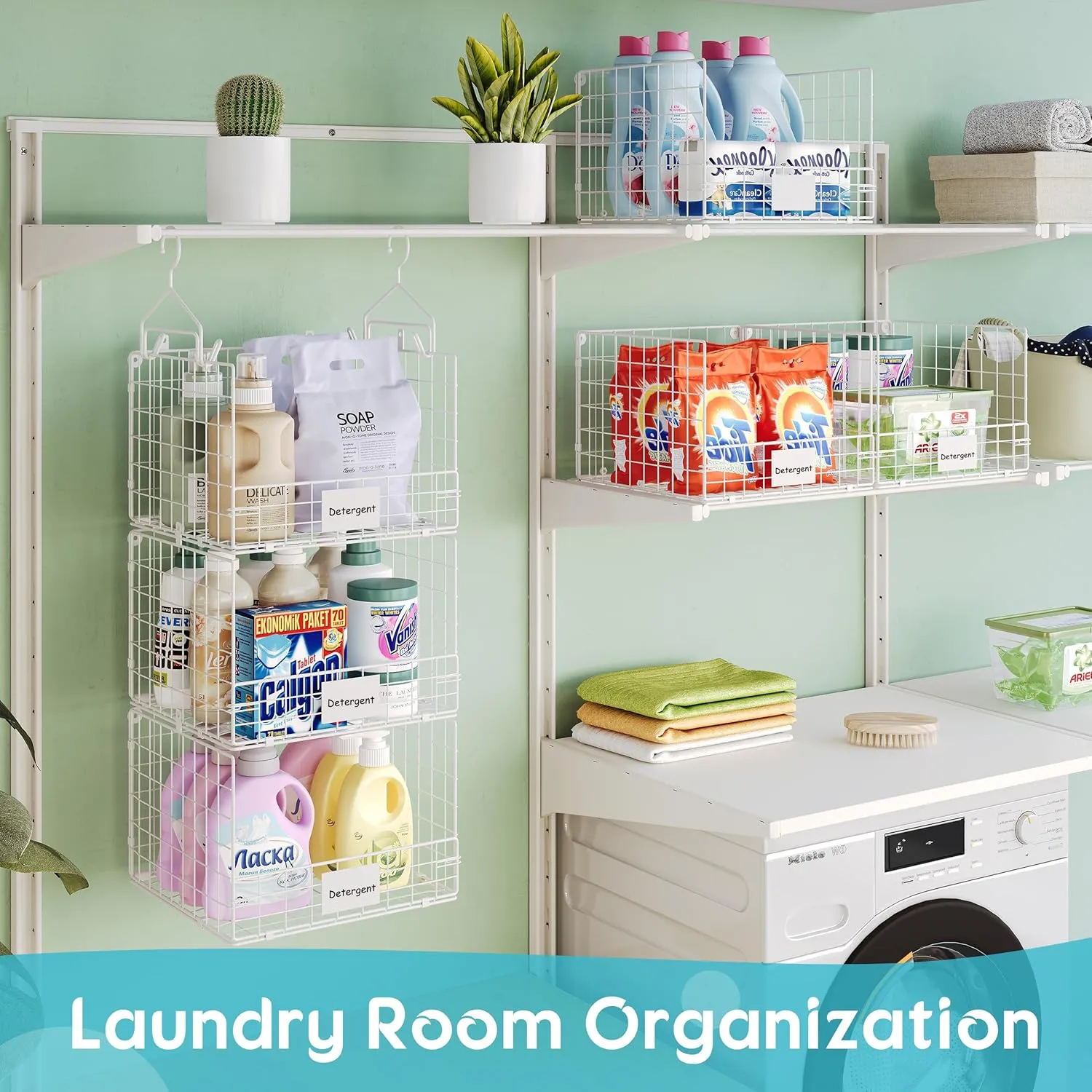6 Tiers Hanging Closet Shelves Organizer with Name Plate S Hooks, Wall Mount&Cabinet Wire Storage Basket Bins, for Clothing Sweaters Shoes Handbags Clutches Accessories
