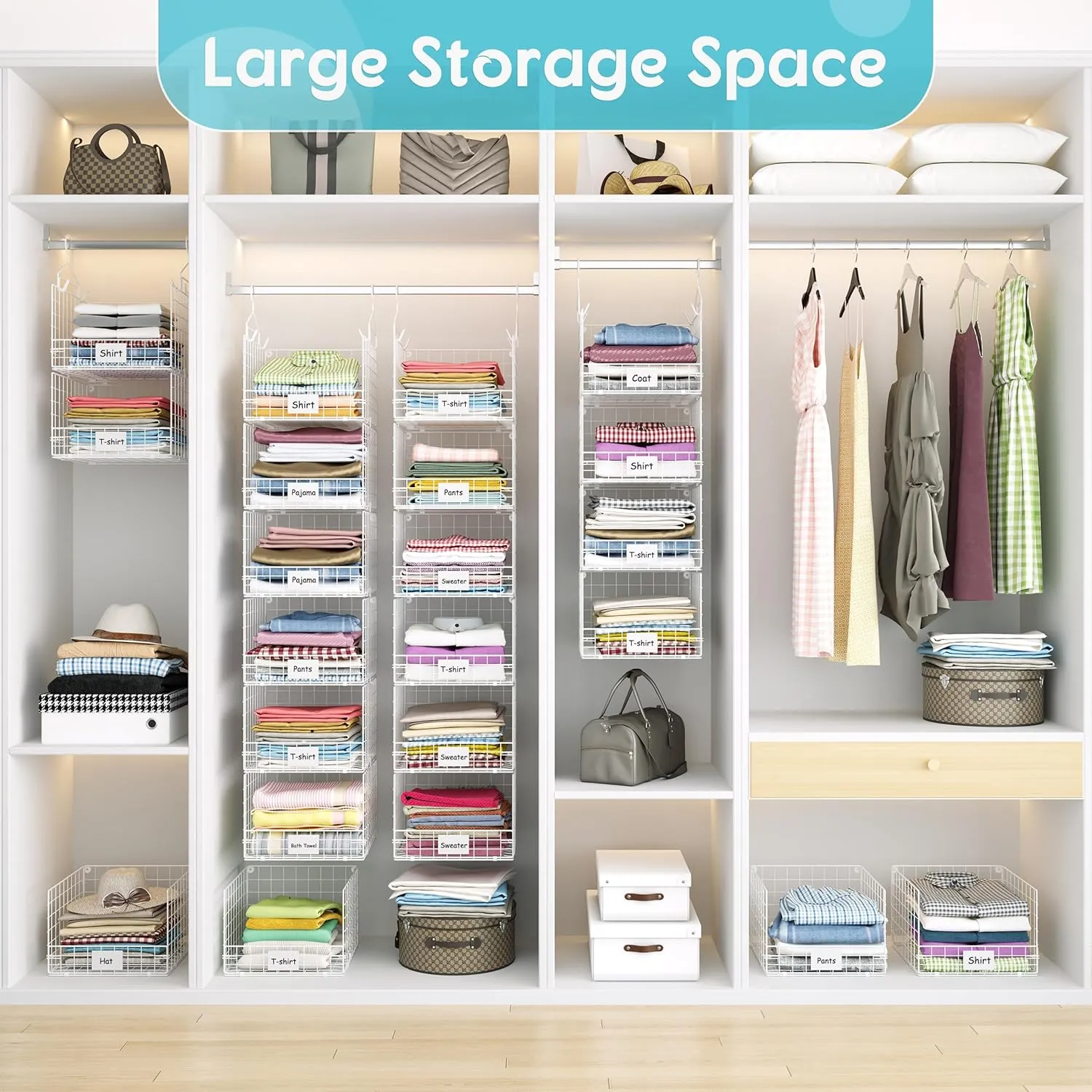 6 Tiers Hanging Closet Shelves Organizer with Name Plate S Hooks, Wall Mount&Cabinet Wire Storage Basket Bins, for Clothing Sweaters Shoes Handbags Clutches Accessories