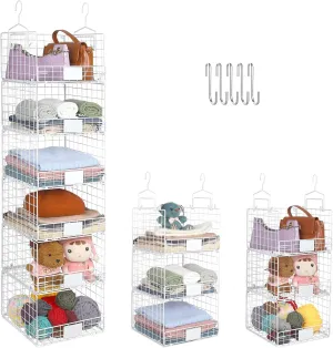6 Tiers Hanging Closet Shelves Organizer with Name Plate S Hooks, Wall Mount&Cabinet Wire Storage Basket Bins, for Clothing Sweaters Shoes Handbags Clutches Accessories