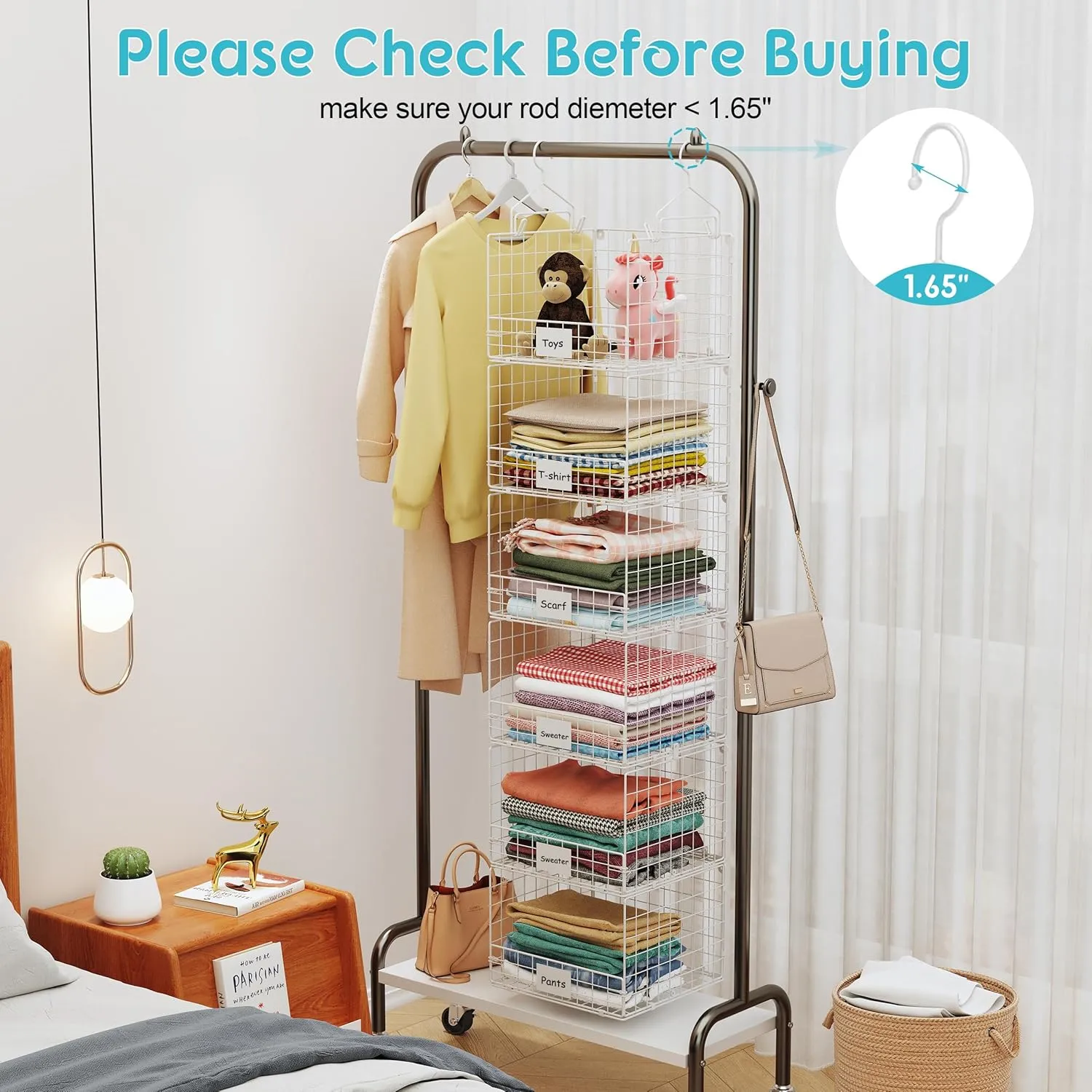 6 Tiers Hanging Closet Shelves Organizer with Name Plate S Hooks, Wall Mount&Cabinet Wire Storage Basket Bins, for Clothing Sweaters Shoes Handbags Clutches Accessories