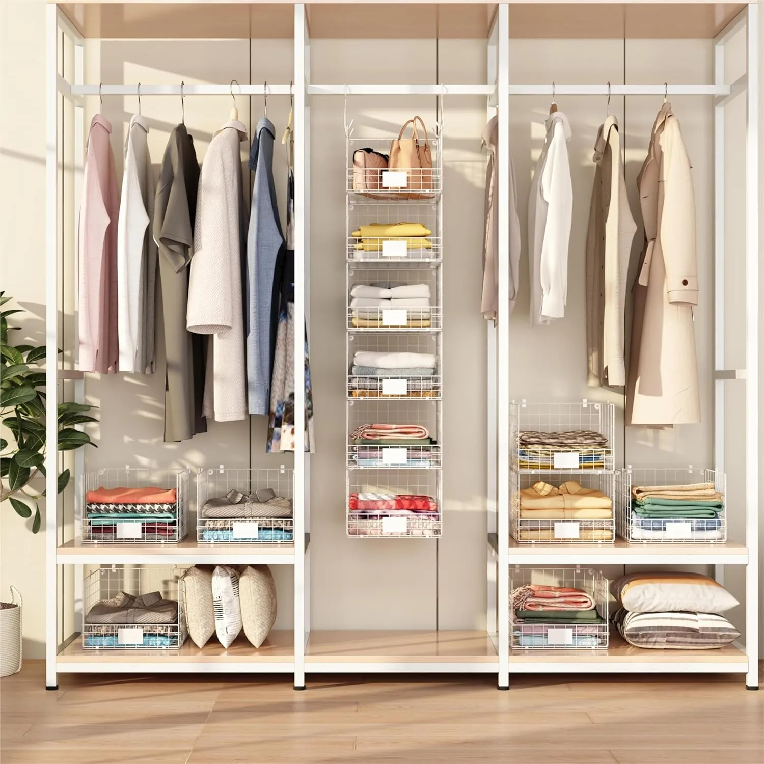 6 Tiers Hanging Closet Shelves Organizer with Name Plate S Hooks, Wall Mount&Cabinet Wire Storage Basket Bins, for Clothing Sweaters Shoes Handbags Clutches Accessories