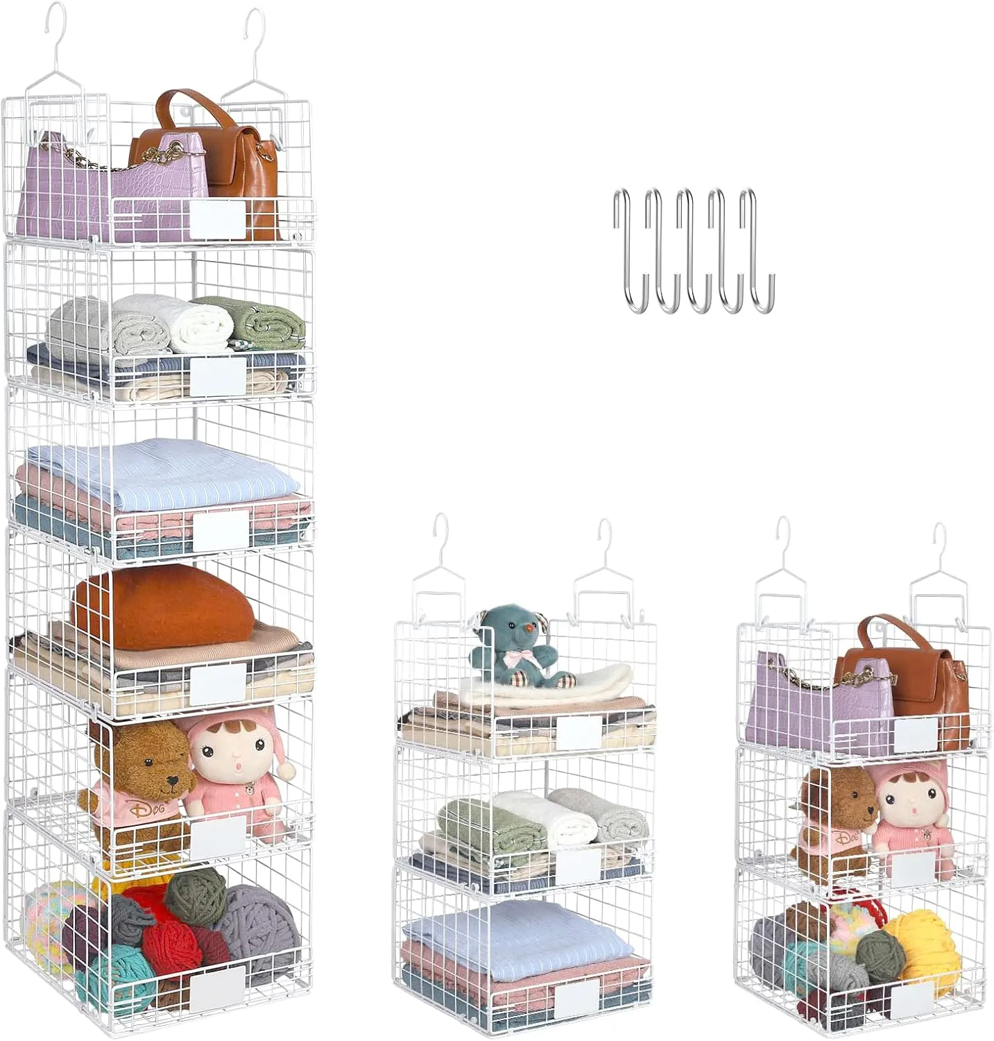 6 Tiers Hanging Closet Shelves Organizer with Name Plate S Hooks, Wall Mount&Cabinet Wire Storage Basket Bins, for Clothing Sweaters Shoes Handbags Clutches Accessories