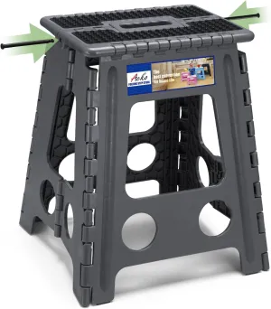 ACKO Folding Step Stool Foldable 16 Inch Stools for Adults and Kids, Plastic Stools Tall 400 lbs Capacity, Collapsible Stool for Kitchen, Office Stepping Foot Stool with Handle, Dot Grey, 1 PC