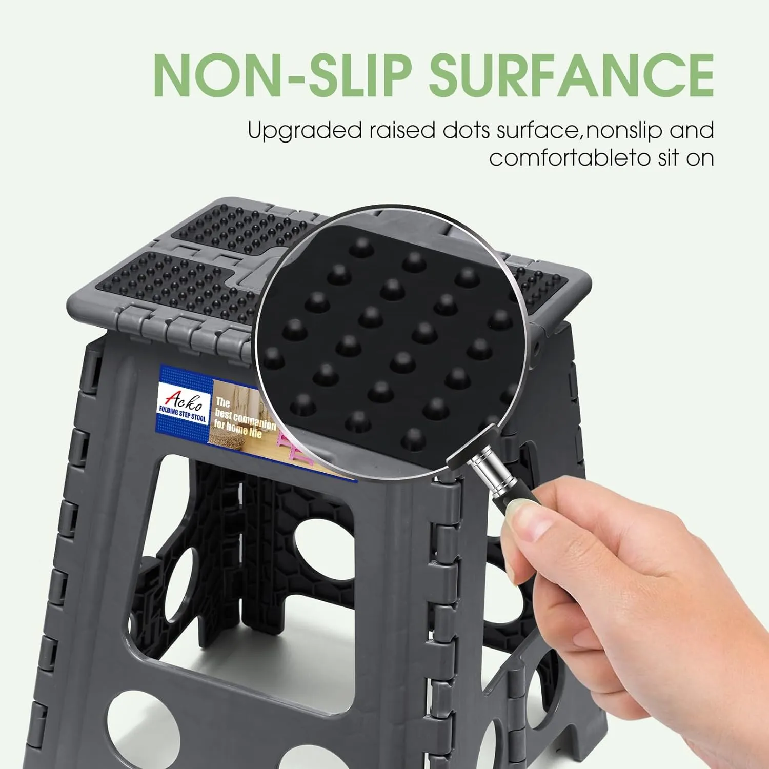ACKO Folding Step Stool Foldable 16 Inch Stools for Adults and Kids, Plastic Stools Tall 400 lbs Capacity, Collapsible Stool for Kitchen, Office Stepping Foot Stool with Handle, Dot Grey, 1 PC
