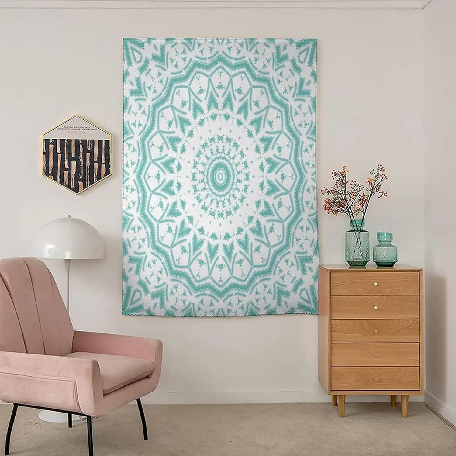 Adjustable Blackout Shades, Aqua Portable Blackout Curtain, Mandala Tribal Design Tie Dye Floral Leaves Art Print Living Room Bedroom Window Drapes,35W x63L Inch, for Kitchen Bathroom Living Room