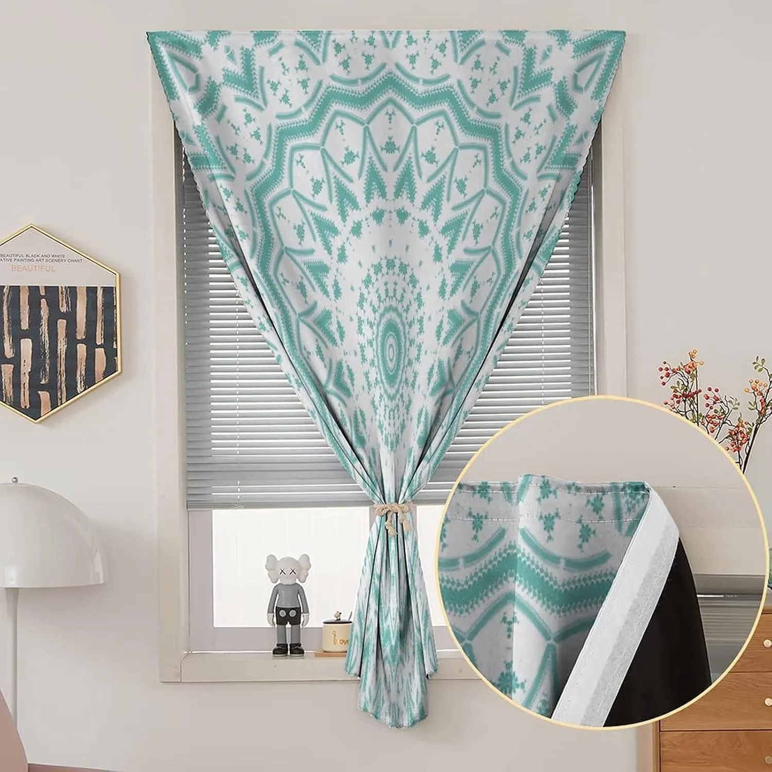Adjustable Blackout Shades, Aqua Portable Blackout Curtain, Mandala Tribal Design Tie Dye Floral Leaves Art Print Living Room Bedroom Window Drapes,35W x63L Inch, for Kitchen Bathroom Living Room