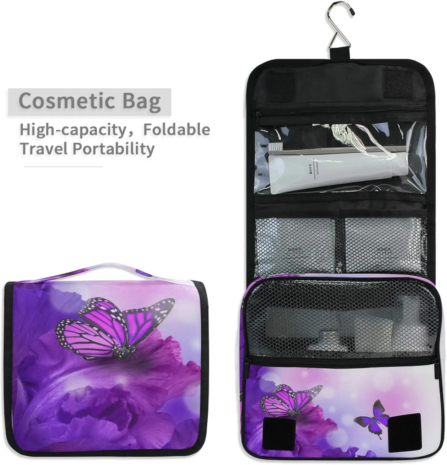 ALAZA Butterfly Purple Flowers Hanging Toiletry Bag for Women Travel Cosmetics Bag Large Capacity Makeup Pouch with Hook Bathroom Storage Bag Waterproof