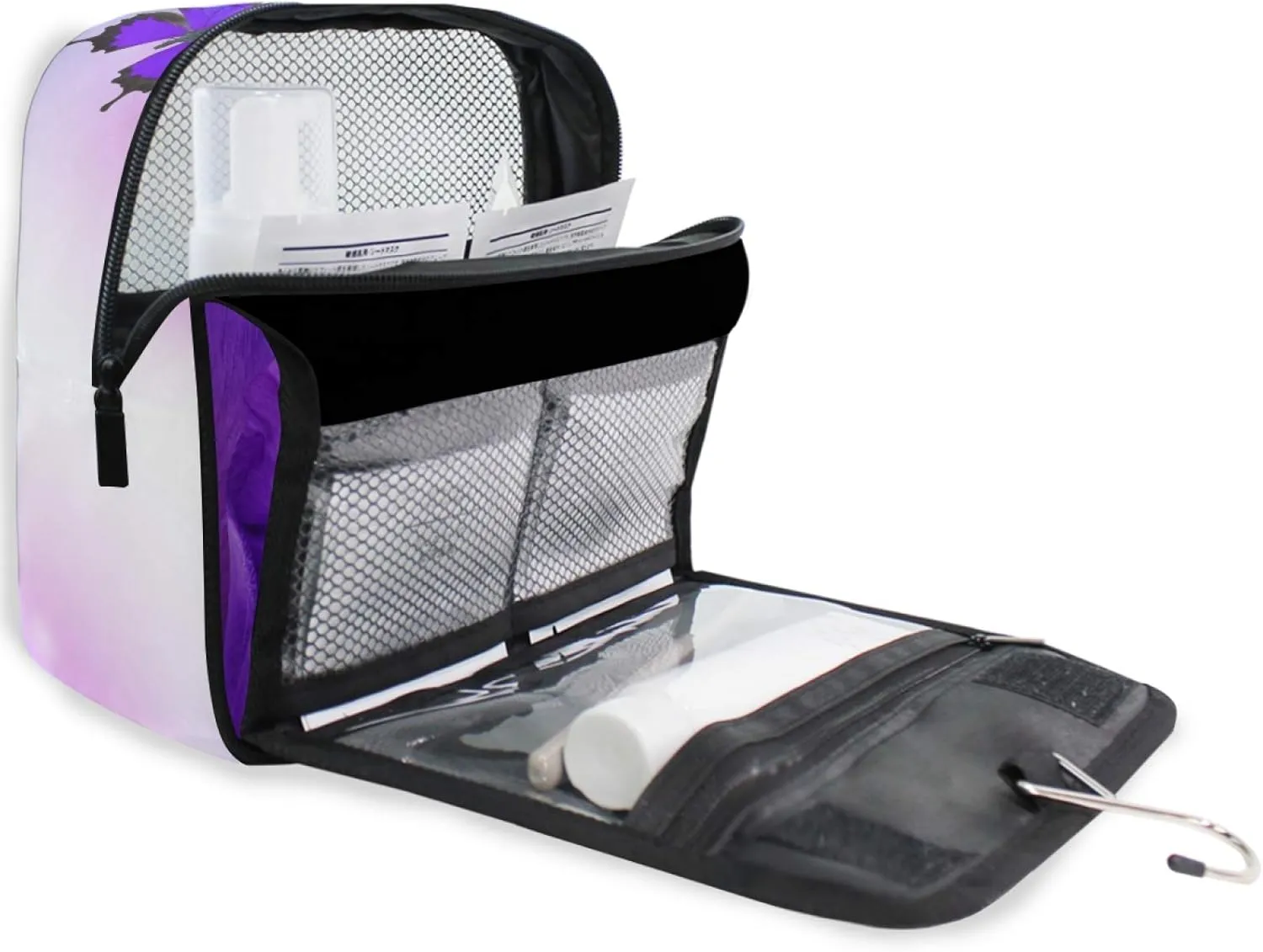 ALAZA Butterfly Purple Flowers Hanging Toiletry Bag for Women Travel Cosmetics Bag Large Capacity Makeup Pouch with Hook Bathroom Storage Bag Waterproof