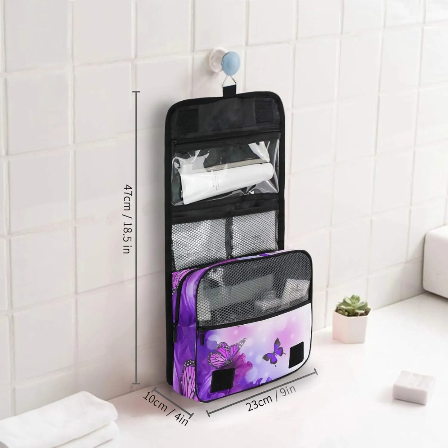 ALAZA Butterfly Purple Flowers Hanging Toiletry Bag for Women Travel Cosmetics Bag Large Capacity Makeup Pouch with Hook Bathroom Storage Bag Waterproof