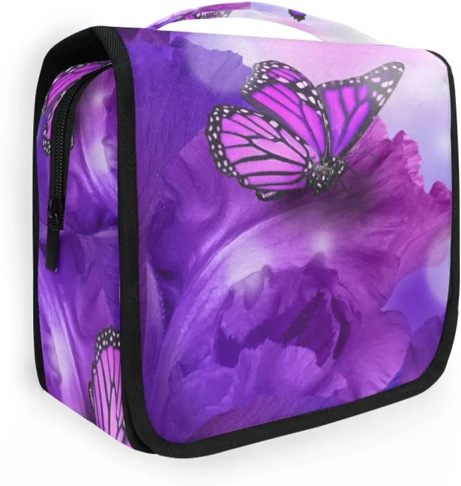 ALAZA Butterfly Purple Flowers Hanging Toiletry Bag for Women Travel Cosmetics Bag Large Capacity Makeup Pouch with Hook Bathroom Storage Bag Waterproof