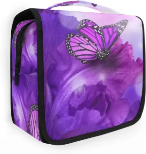 ALAZA Butterfly Purple Flowers Hanging Toiletry Bag for Women Travel Cosmetics Bag Large Capacity Makeup Pouch with Hook Bathroom Storage Bag Waterproof