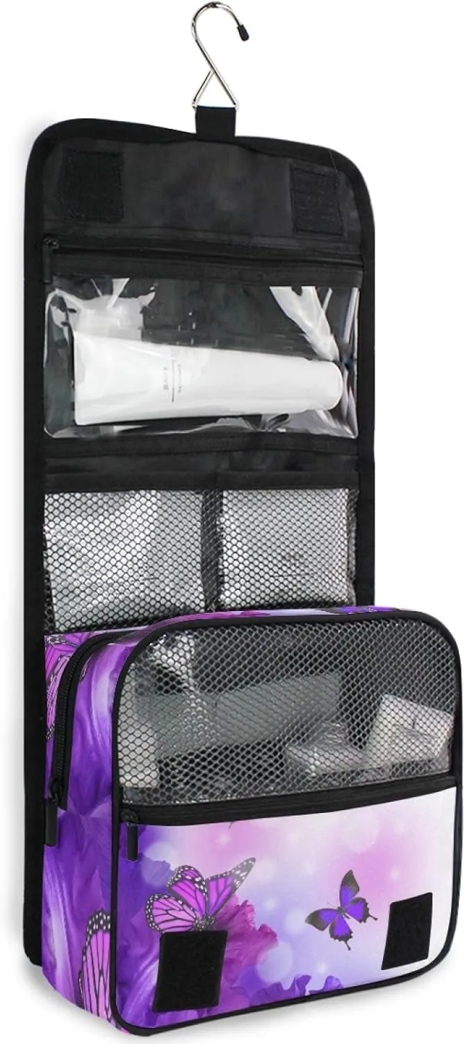 ALAZA Butterfly Purple Flowers Hanging Toiletry Bag for Women Travel Cosmetics Bag Large Capacity Makeup Pouch with Hook Bathroom Storage Bag Waterproof