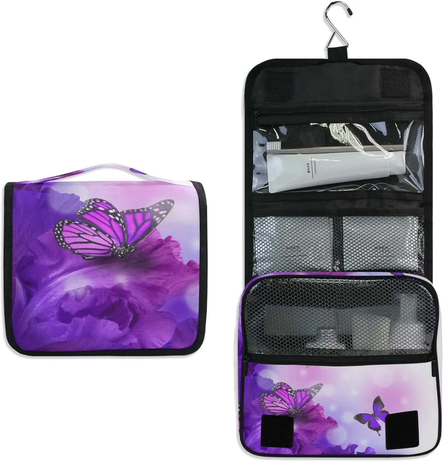 ALAZA Butterfly Purple Flowers Hanging Toiletry Bag for Women Travel Cosmetics Bag Large Capacity Makeup Pouch with Hook Bathroom Storage Bag Waterproof