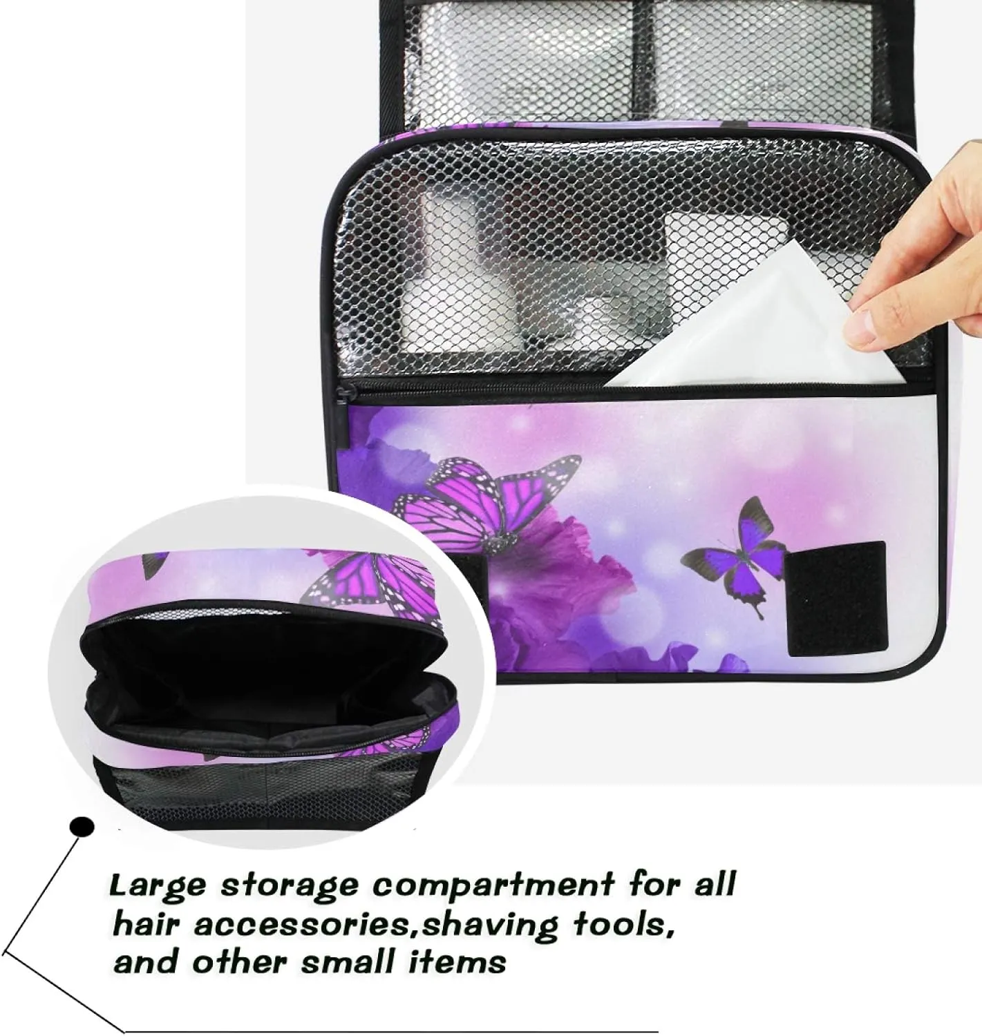 ALAZA Butterfly Purple Flowers Hanging Toiletry Bag for Women Travel Cosmetics Bag Large Capacity Makeup Pouch with Hook Bathroom Storage Bag Waterproof