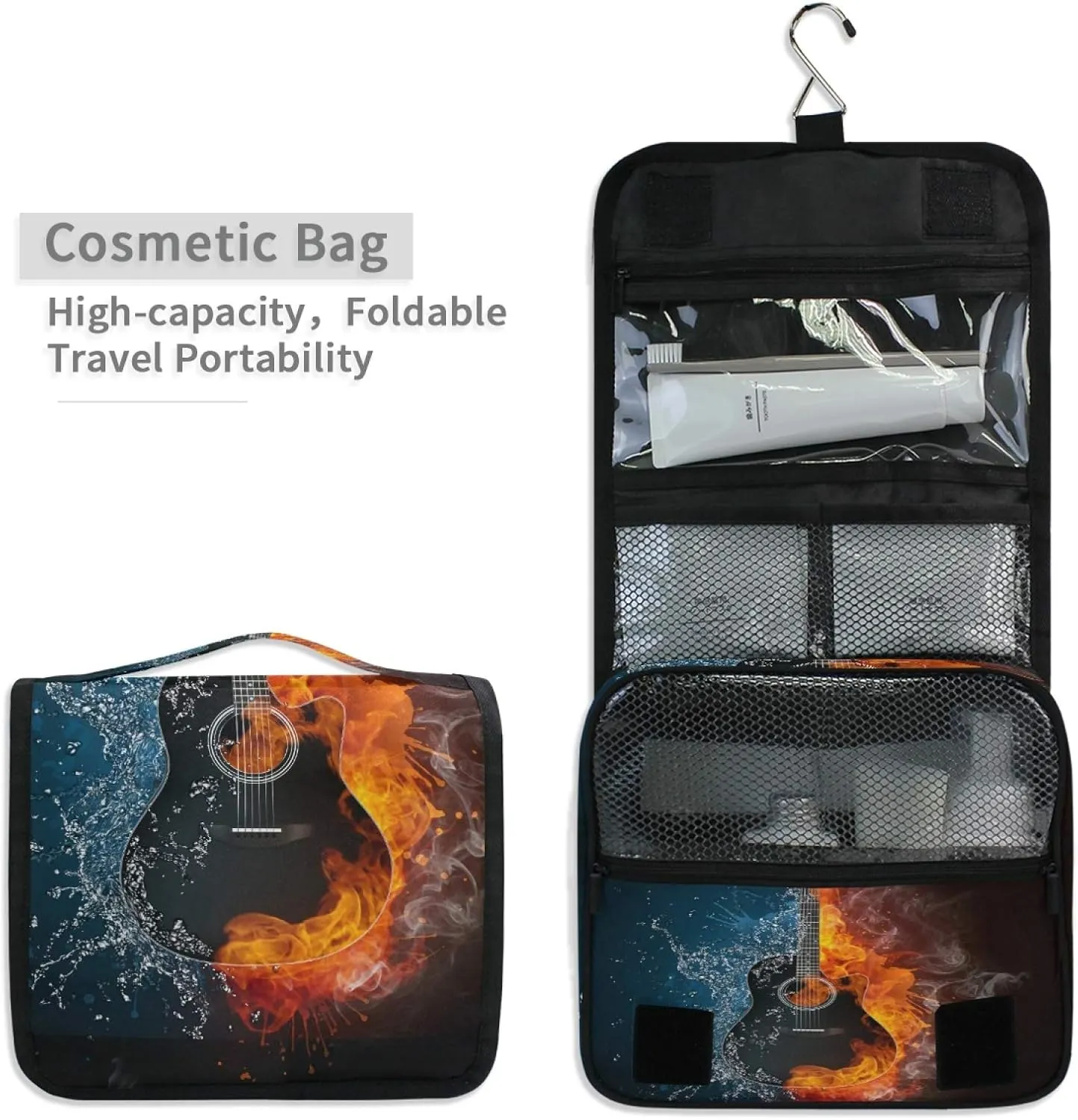 ALAZA Electric Guitar Water Fire Hanging Toiletry Bag for Women Travel Cosmetics Bag Large Capacity Makeup Pouch with Hook Bathroom Storage Bag Waterproof