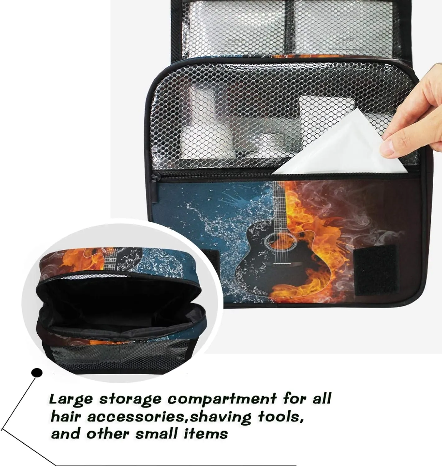 ALAZA Electric Guitar Water Fire Hanging Toiletry Bag for Women Travel Cosmetics Bag Large Capacity Makeup Pouch with Hook Bathroom Storage Bag Waterproof